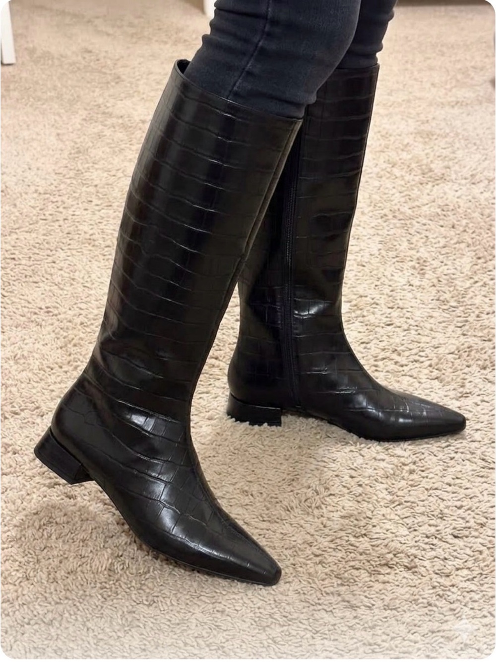 Gianni Bini Black Croc-Embossed Knee Boots
